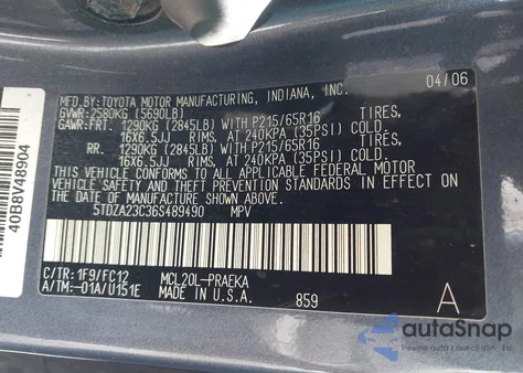 2006 Toyota Sienna Le из США, поврежденный, VIN 5TDZA23C36S489490